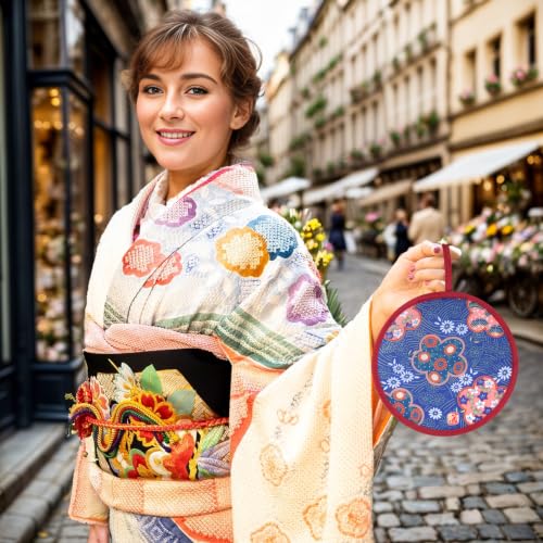 Topbuti 6 Pcs Floral Round Folding Hand Fan Japanese Foldable Fan Handheld Cooling Fans for Festival Summer Wedding Party Favors Decorations (Japanese, 8 Inch)