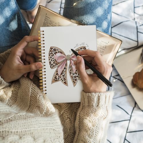 Leopard Coquette Bow Christian Spiral Notebook, Christian Notebook for Women, Religious Prayer Journal for Woman, It is Well with My Soul Scripture Hardcover Notebooks 5.5x8.3 - color: Pink Bow - Leopard Bow