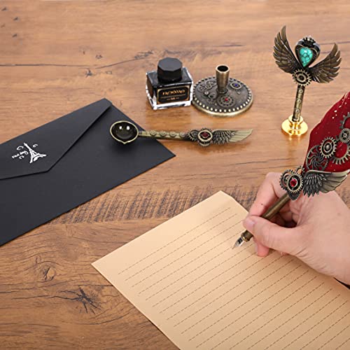 Quill Pen Set, Feather Pen, Ink, Bookmarks, Seals, Nibs, Wax Bead, Envelopes, Writing Paper, Gift Box, Red - color: Red