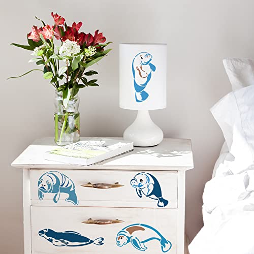 BENECREAT Manatee Plastic Stencil, 12x12" Animal Themed Reusable Drawing Painting Templates for Diary Scrapbook DIY Craft, Wall Floor Decoration - color: Manatee