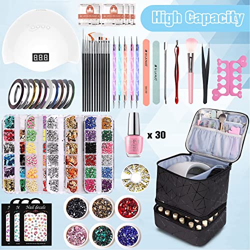 CTWWFS PU Leather Nail Polish Organizer and Nail Lamp Case, Nail Kit Organizer Holds 30+ Bottles (15ml - 0.5 fl.oz) and a Nail Lamp, Nail Polish Carrying Case with Manicure Tools Storage Sections - color: A-Black