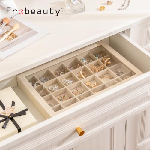 Frebeauty 24 Grid Earring Organizer,Velvet Jewelry Tray with Clear Lid - color: Beige, size: 24 Grid