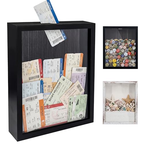 GraduationMall 8x10 Top Loading Shadow Box Frame with HD Glass,Wood Display Case with Slot,1.25 inches Interior Depth,Ideal for Wine Bottle Caps,Tickets,Shells,Stamps and More,Black - color: Black, size: 8x10