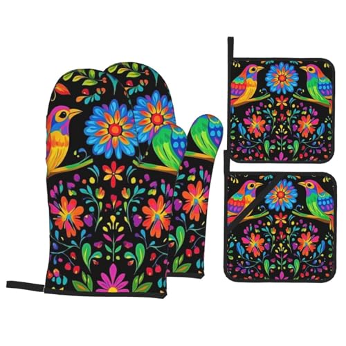 4 Pcs Mexican Flower Oven Mitts and Potholders,Kitchen Oven Glove with Pot Holders,Non-Slip Gloves High Heat Resistant 500 Degree for BBQ, Grill, Baking, Cooking, Oven, Microwave