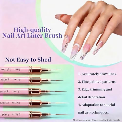 8Pcs Nail Art Brushes Set, 5 Art Liners & 3 Multi-Shape Gel Builder Brushes - color: Pink
