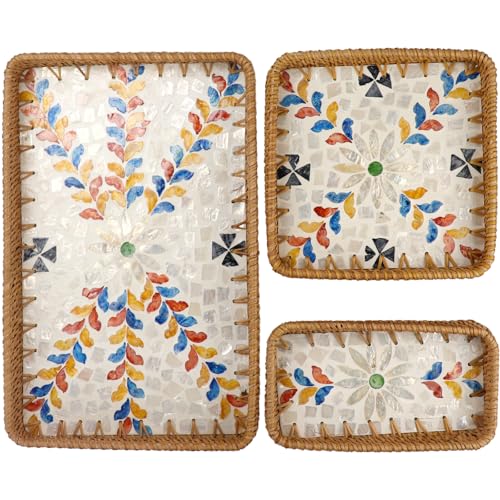 Rectangle Rattan Serving Tray with Mother of Pearl Inlay, Handmade Wicker Coffee Table Basket for Fruit Bread Food Tea Party Picnic Table Kitchen Home Boho Decor 3 Sizes (Moroccan Blossoms) - color: Moroccan Blossoms