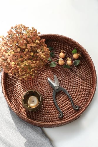HITOMEN 14.2" Hand-Woven Round Rattan Serving Tray Decorative Ottoman Wicker Platter with Handles for Coffee Table, Breakfast, Drinks, Snack, Bread, Fruit, Vegetables (Brown - L) - color: Brown, size: Large (14.2 inches)