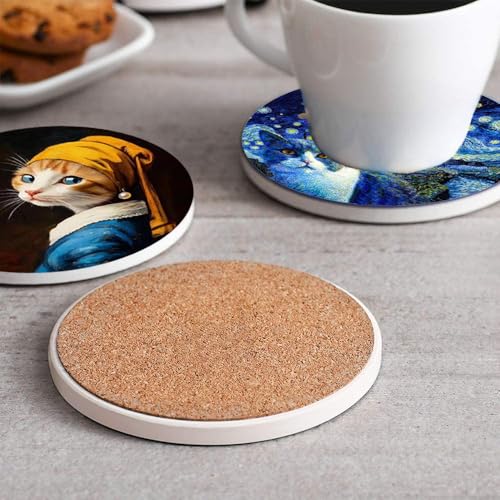 4inch Round Fun cat-Themed Marble Coaster with Storage Rack 8pcs - color: Cat Coasters