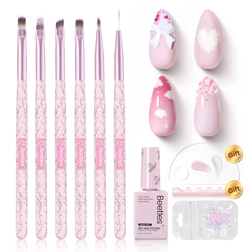 Beetles Gel Polish Nail Art Brushes Set 6 Pcs Nail Brush and 8 ml Pink - color: C-Pink-06
