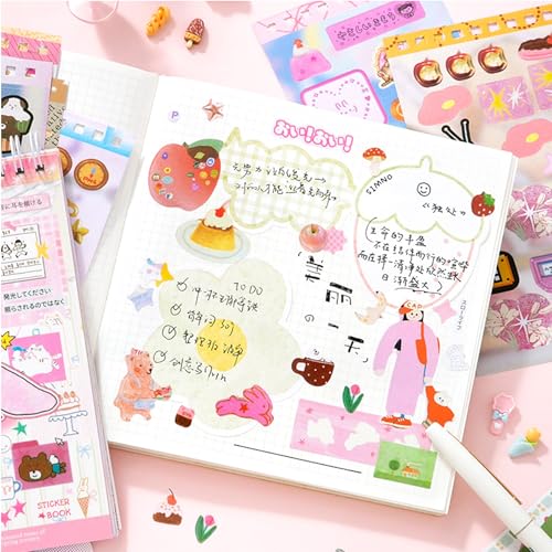 20 Sheets INS Style Cute Cartoon Sticker Book – Kawaii Stickers for Journaling Junk Journal Scrapbooking Planner DIY Crafts - color: Pink