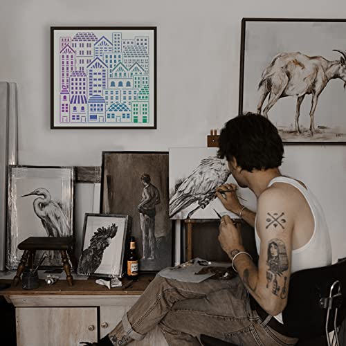 FINGERINSPIRE City Buildings Stencil 11.8x11.8inch Reusable Cityscape Drawing Stencil for Painting on Wood, Canvas, Paper, Floor, Wall - color: City Buildings