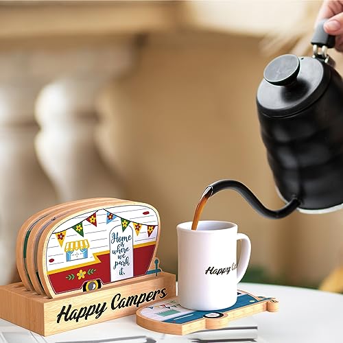 Wood Drink Coasters Set of 4, Happy Camper Cute Coasters with Holder - color: Red