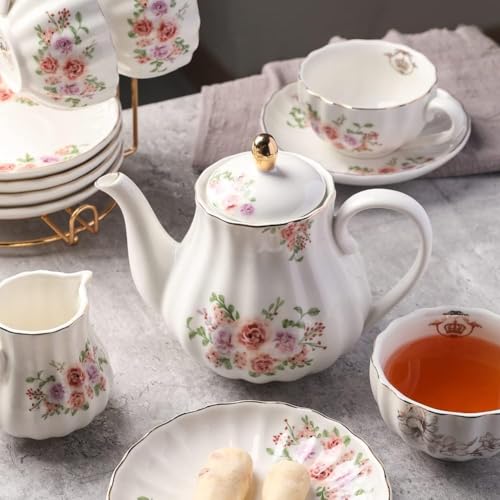 Sweejar Porcelain Tea Sets British Royal Series, 8 OZ Cups & Saucer Service for 6, with Teapot Sugar Bowl Cream Pitcher Teaspoons and Tea Strainer, Suitable for High Tea, Wedding, Party（Beige） - color: Beige