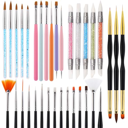 35 Pcs Nail Art Brushes Include Nail Polish Liner Brush with Dotting Tools, Design Pen Silicone Nail Tools for Nail Drawing