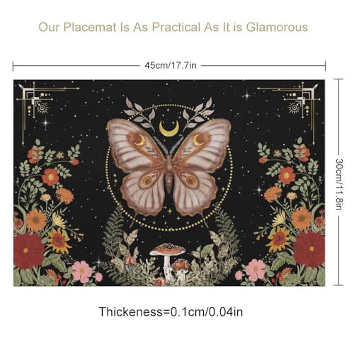 Boho Moth Placemats Set of 4, 12x18 Inch Witchy Moon Phase Tarot Gothic Wild Flower Watercolor Seasonal Bohemia Mystical Holiday Farmhouse Coffee Table Mats for Party Kitchen Dining Decoration - color: Pm-floral Moon06, size: 4pcs