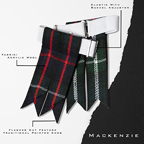 Kilt Flashes for Men with Heavy Buckle Adjusters, Plain & Tartan Kilt Sock Flashes. - color: Mackenzie 009flbu