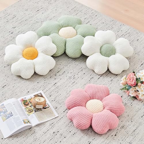 Kcvvcr Flower Throw Pillow, Cute Flower Shaped Pillow Decorative Throw Pillow for Bed Couch, Soft Daisy Pillows Floor Seating Cushion Cushions (19.6 Inch White+Green) - color: White+green, size: 19.6 Inch