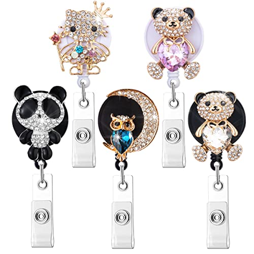 Crystal Badge Reels Retractable ID Holder with Cute Animals Design 5 Pack - color: Bear,cat,owl,panda