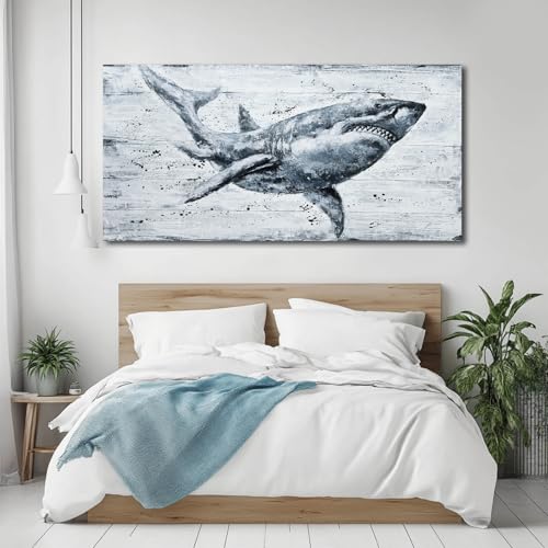 Ocevarin Ocean Animal Canvas Wall Art Large Shark Art Prints Vintage Wall Decor Beach Posters Contemporary Artwork for Living Room Office Home 29x58 Inch - color: Shark, size: 58"L x 29"W