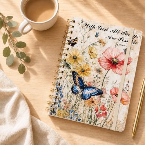 Christian Butterfly Lined Spiral Notebook, Pretty Hardcover Journal 6'' x 8.4'', Bible Verse Floral Notebook for Women, Writing Gift - color: floral-06