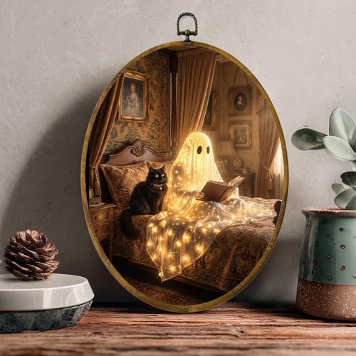 Glowing Ghost Black Cat Oval Wall Art, Framed Canvas Decor, 8.5x11.5 Inch - color: Lit Ghost Read Book With Black Cat