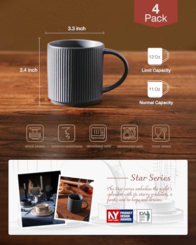 famiware Coffee Mug Set of 4, Star 12 oz Ceramic Mugs Cups Set with Handle - color: Star-Matte Dark Charcoal, size: 4 Count (Pack of 1)