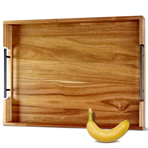 22" x 15.75" Wooden Serving Tray with Handles, Acacia Ottoman Tray - color: Acacia