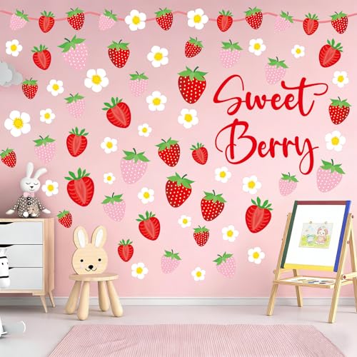 Strawberry Wall Decals - 8 Sheets 62Pcs Strawberry Daisy Wall Stickers Strawberry Shortcake Berry Peel and Stick Wallpaper for Girls Room Nursery Bedroom Room Décor - color: Strawberry