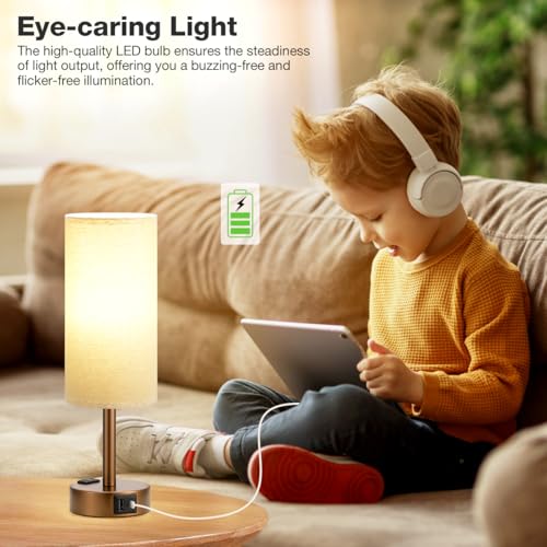 Fenmzee Brown Bedside Lamp for Bedroom, Dimmable Touch, USB A+C, AC Outlet - color: Beige - Brown, size: 14"