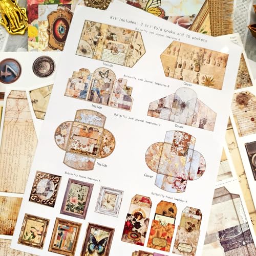 Vintage Junk Journal Kit with DIY Ephemera Storage and Accordion Pockets,11 Sheets Cardstock Pieces for Art Journaling, Scrapbooking and Mixed Media Crafts - color: Vintage
