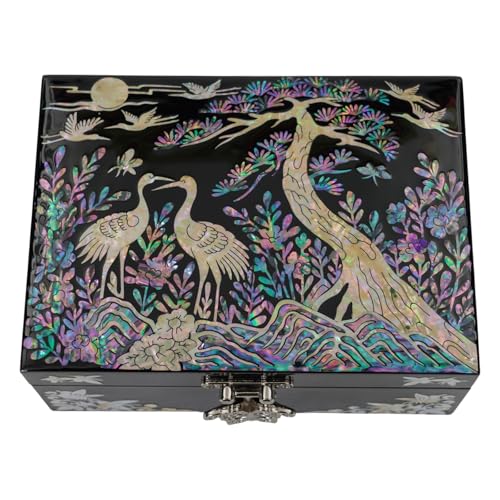 February Mountain Elegant Mother of Pearl Jewelry Organizer Box with Mirror Lid - Gifts for women birthday unique Anniversary Christams and Special Occasions (Crane and pine tree) - style: Crane and pine tree