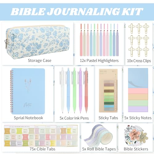 Bible Study Supplies Journaling Kit with Pen Cas, Tabs, Notebook and No Bleed Highlighter, Aesthetic Book Annotation Kit, Christian Gifts for Women Grils Friends（Blue Flower） - color: Blue Flower