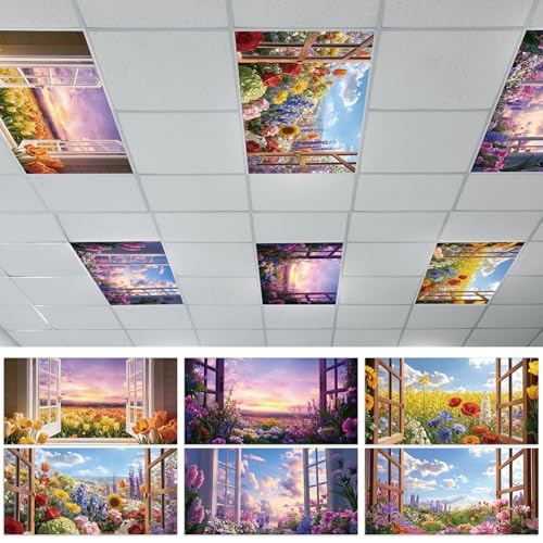 Wiooffen 6 Pcs Fluorescent Light Covers with 60 Magnets Decorative for Classroom Ceiling Light 4 x 2 Feet Magnetic Light Covers Filter Easy Install for Office Hospitals & Home(Flower Window View) - color: Flower Window View