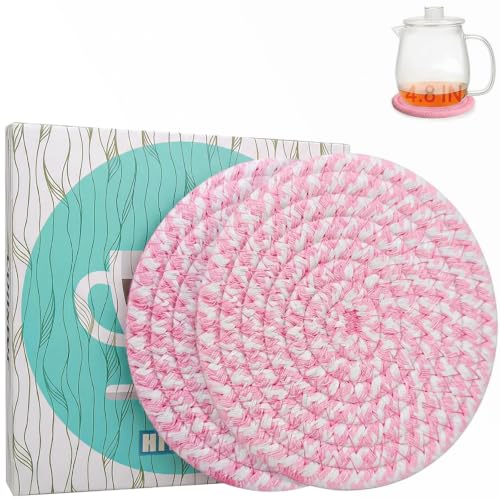 Cotton Coaster Set, Blush Pink 4.8'' Large Drink Coasters, Woven Coasters Absorbent, Dining Table Decor, Protects Tables and Easy to Clean.(2PACK) - - color: Blush Pink