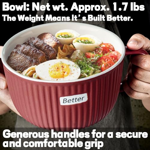 Artena 38 oz Soup Bowls with Handles, Lids, Spoons & Chopsticks – 6 Inch Large Microwave Safe Ceramic Ramen Bowls, Soup Mugs & Cereal Bowls for Instant Noodles, Oatmeal, Meal Prep (Red-Set of 2) - color: Red-Set of 2