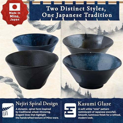 HIBINO Japanese Ramen Bowl Set of 2 | 44 oz Ceramic Ramen Bowls with Chopsticks & Spoons | Made in Japan Mino Ware | Microwave Safe Noodle & Soup Bowls | 6-Piece Dinnerware Set |「Kasumi Indigo」