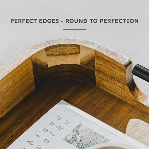 Upper Acacia Wood Ottoman Tray 17x13 Inches with Handles, Decorative Serving Tray for Coffee Table, Breakfast Tray with Anti-Skid Pads (Black Handle 01) - color: Black Handle 01
