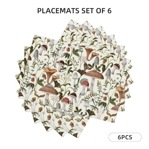 Boho Beige Wild Mushroom Print Placemats Set of 6 12x18 Inch - color: Beige, size: Set of 6
