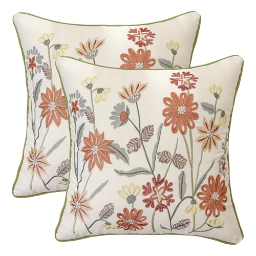 Embroidered Throw Pillow Covers 18x18 Pack of 2 Orange Floral - color: Orange Flowers