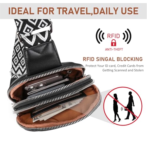 DIOMO Anti Theft Small Sling Bag for Women Cross Body Bag Trendy, RFID Fanny Packs Vegan Leather for Women Travel Belt Purse - color: 1-Black Silver Zipper
