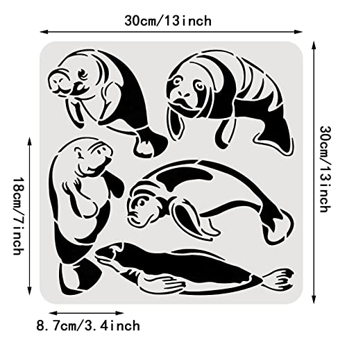 BENECREAT Manatee Plastic Stencil, 12x12" Animal Themed Reusable Drawing Painting Templates for Diary Scrapbook DIY Craft, Wall Floor Decoration - color: Manatee