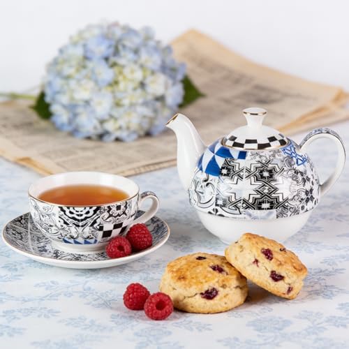 KAMMAK Tea for One Set, Ceramic Teapot, Bone China Tea Set, Cup and Saucer - color: Black and White-XY17