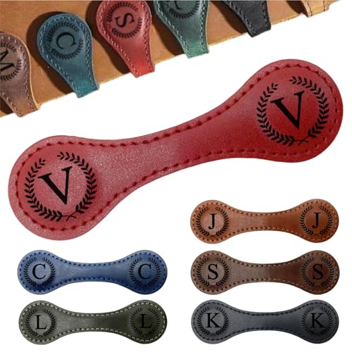MOTEERLLU Personalized Magnetic Leather Bookmark,Initial,Red-V - style: Red-V