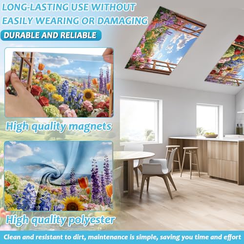 Wiooffen 6 Pcs Fluorescent Light Covers with 60 Magnets Decorative for Classroom Ceiling Light 4 x 2 Feet Magnetic Light Covers Filter Easy Install for Office Hospitals & Home(Flower Window View) - color: Flower Window View