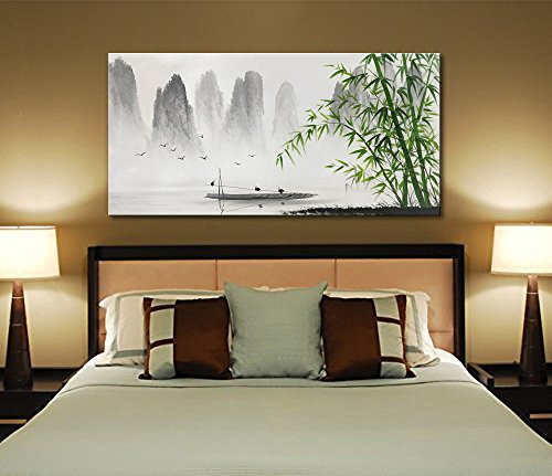 Winpeak Art Traditional Chinese Painting Black and White Landscape Canvas Wall Art Bamboo Artwork - size: 48"L x 24"W