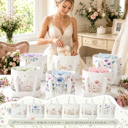 6 Pcs Mini Floral Bow Tote Bags for Women White Canvas Tote Bag Bulk Reusable Coquette Bags for Wedding Party Favor - color: Wildflower