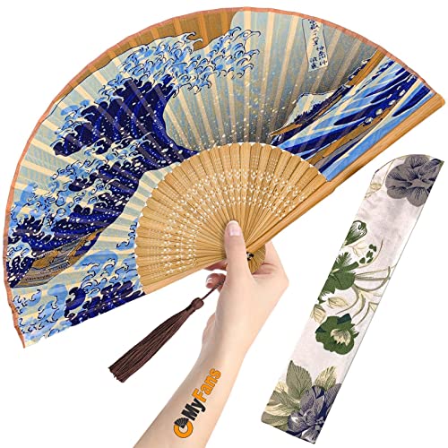 Hand Fan for Women Foldable - Folding Chinese Japanese Vintage Bamboo Silk Fan - Ideal for Hot Flashes, Church, EDM, Festivals, Dancing and Gifts (Kanagawa Wave) - color: Kanagawa Wave