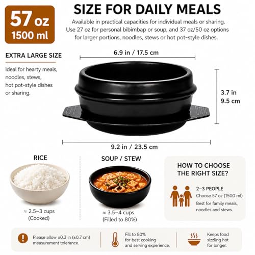 XICHENGSHIDAI Korean Stone Bowl, Dolsot with Tray, 51 Oz, Black - size: 1500ml