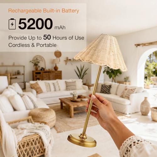 20.5'' Tall Cordless Boho Rattan Table lamp, 5200-mAh Rechargeable Battery, 3-Level Brightness Dimmable, Build-in LED 320 Lumen Max, for Bedside Restaurant Resort Hotel Dining Table - color: 20.5'' Tall Gold