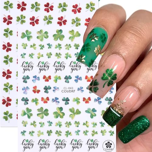 11 PCS St. Patrick's Day Nail Art Stickers 3D Self-Adhesive Green Shamrock Nail Decals Green Leaf Shape Clover Sticker DIY Spring Holographic Designs Manicure Decoration Nail Supplies for Women - style: Green Leaves